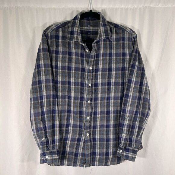 Jack Threads Flannel Shirt Men's Large Grey Blue Plaid Button Up Long Sleeve Cot - Picture 1 of 6